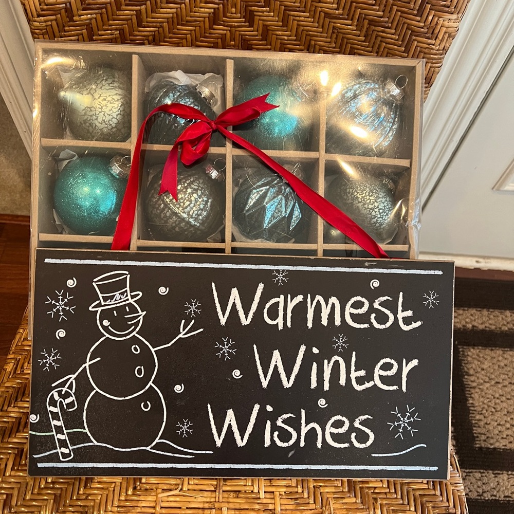 Christmas Glass Ornaments and wooden Holiday Sign